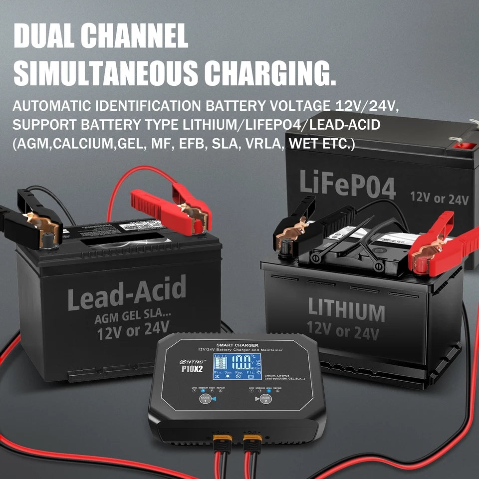 DUAL 10Ax2 12V-24V Dual Smart Battery Charger for Lithium Lifepo4 Lead Acid AGM GEL PB Car Battery Repair