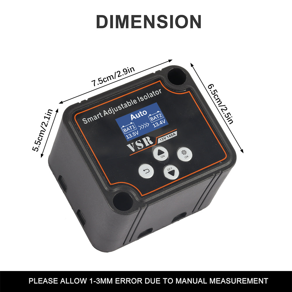 Dual Battery Smart Adjustable Isolator 12V 140A Voltage Sensitive Split Charge Relay VSR LCD 2 Battery Display