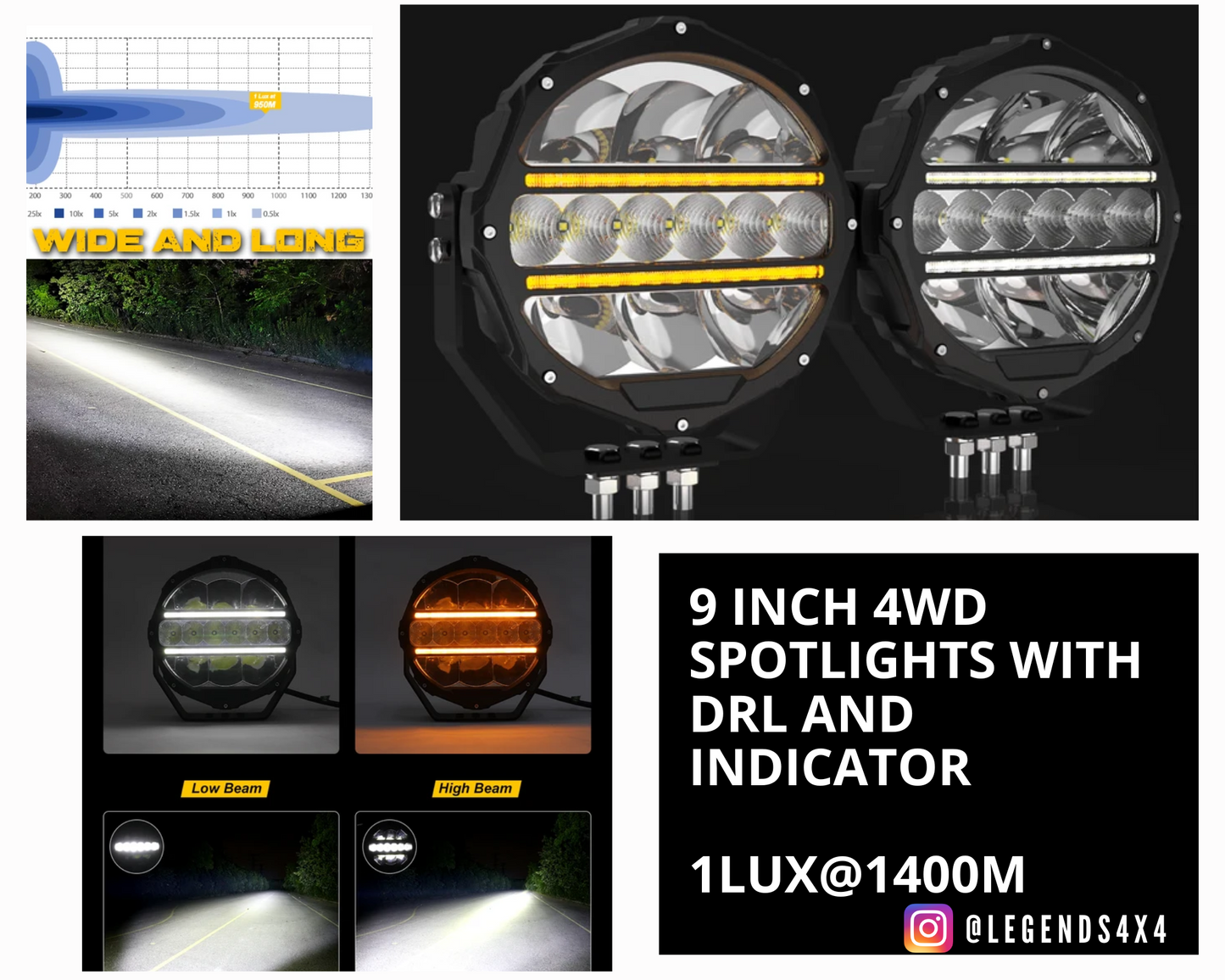 9 inch 4X4 Off-Road Led Spot Lights Drl / Amber 1lux @1400m