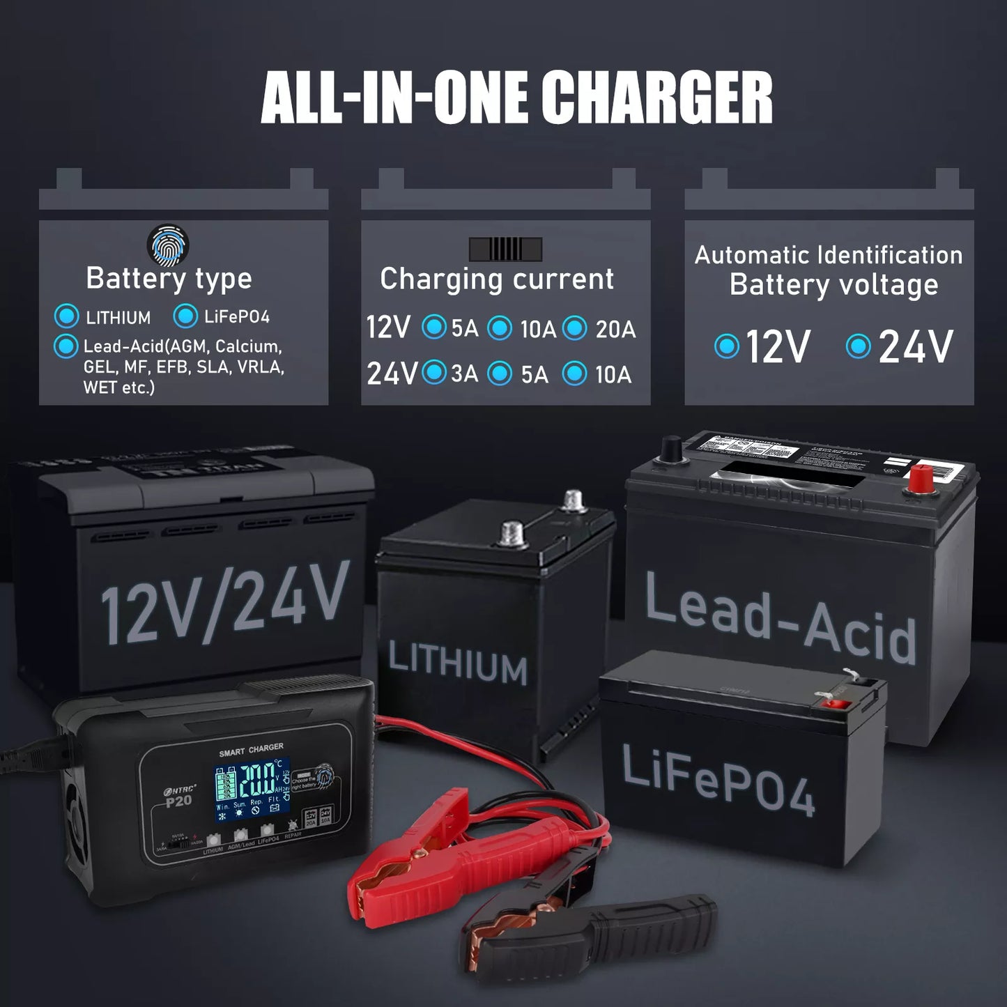 20A 12V-24V Adjustable Smart Battery Charger Lithium LiFePo4 Batteries Lead Acid AGM GEL Wet