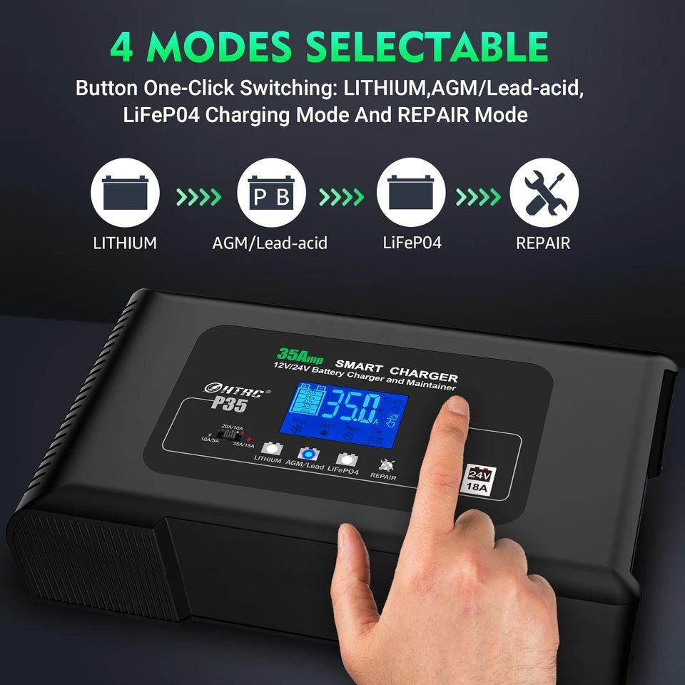 Large Power 9-Stage 35A 12V 24V Battery Charger for Lithium AGM Lead Acid PB GEL LCD Display Smart Charging
