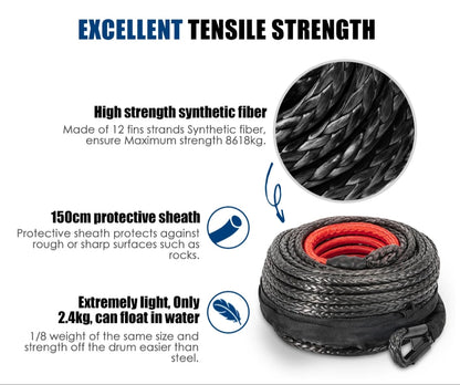 10mm x 30m SK78 Dyneema Synthetic Winch Rope (Black) With Black G80 Snap Hook