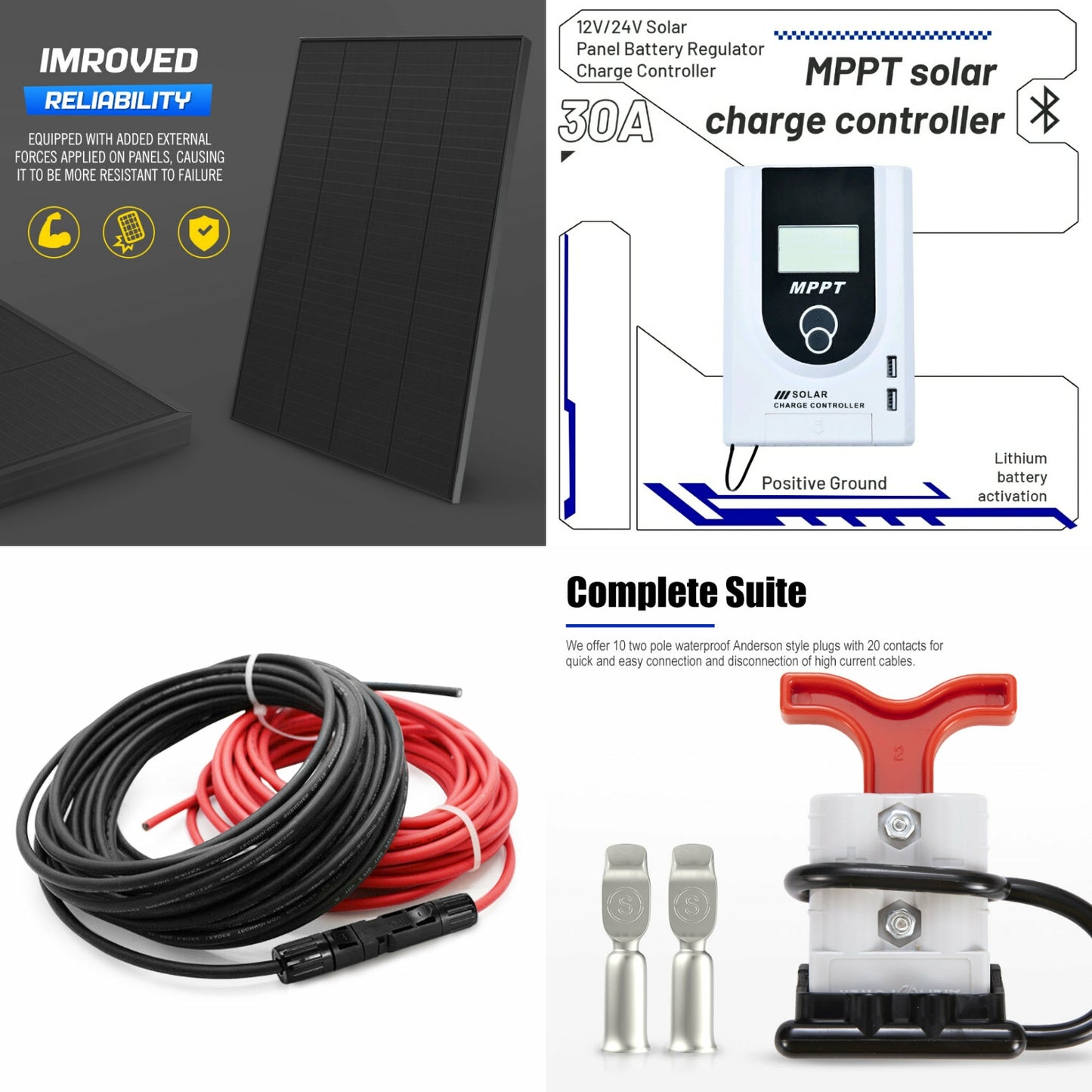 Solar Package 12v 200w Shingled Solar Panel + 30a Mppt w/Bluetooth regulator  + wiring & accessories