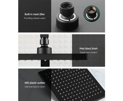 Modern 8 inch Rain Shower Head Square Wall Bathroom Arm Handheld Spray Bracket Rail Mat Black