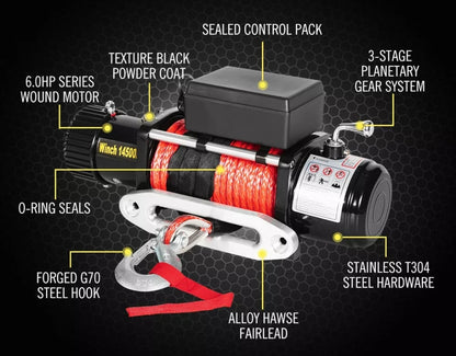 14500LBS Electric Winch 6.0HP 26Mx9.5mm Synthetic Rope