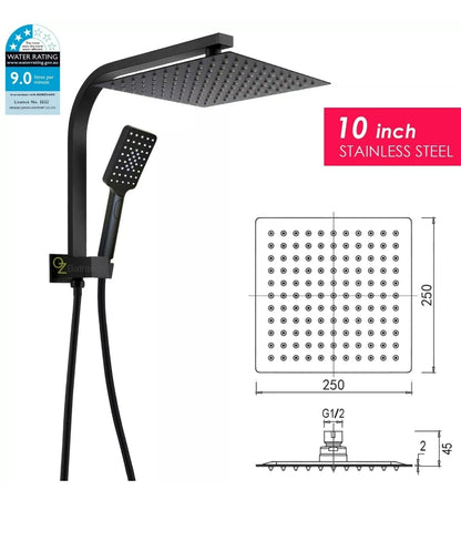 Modern 10 inch Rain Shower Head Square Wall Bathroom Arm Handheld Spray Bracket Rail Mat Black