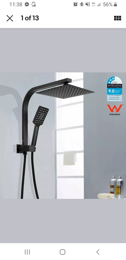 Modern 10 inch Rain Shower Head Square Wall Bathroom Arm Handheld Spray Bracket Rail Mat Black