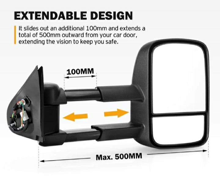 Pair Extendable Towing Mirrors for Toyota HILUX 2015-ON Black Pair