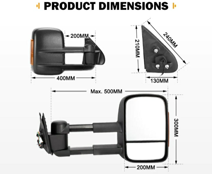 Pair Extendable Towing Mirrors for Toyota HILUX 2015-ON Black Pair