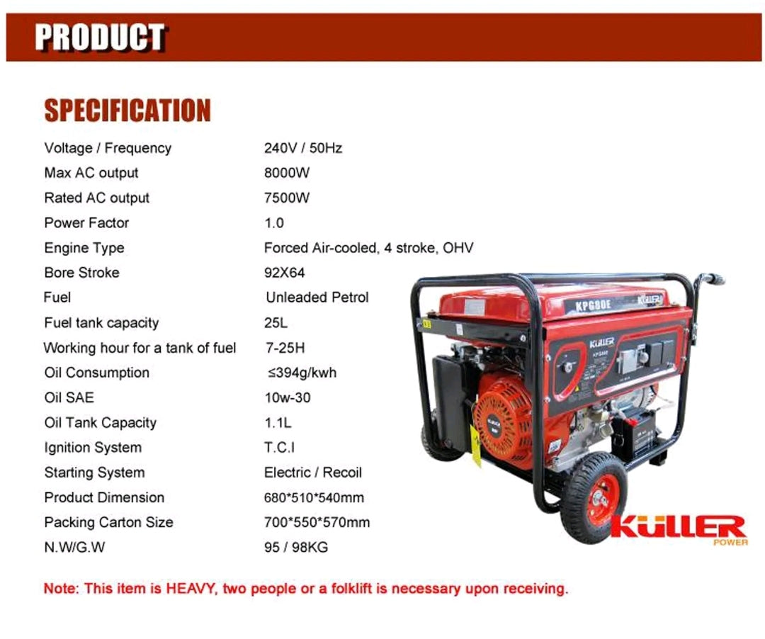 18HP Rated 7500W Max 8000W Single Phase Generator 4 Stroke Portable Petrol