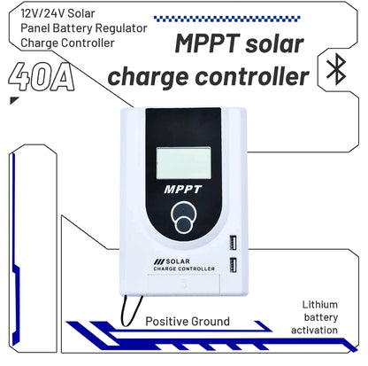 12V/24V Solar Panel Battery Regulator 40A MPPT Charge Controller LCD Bluetooth