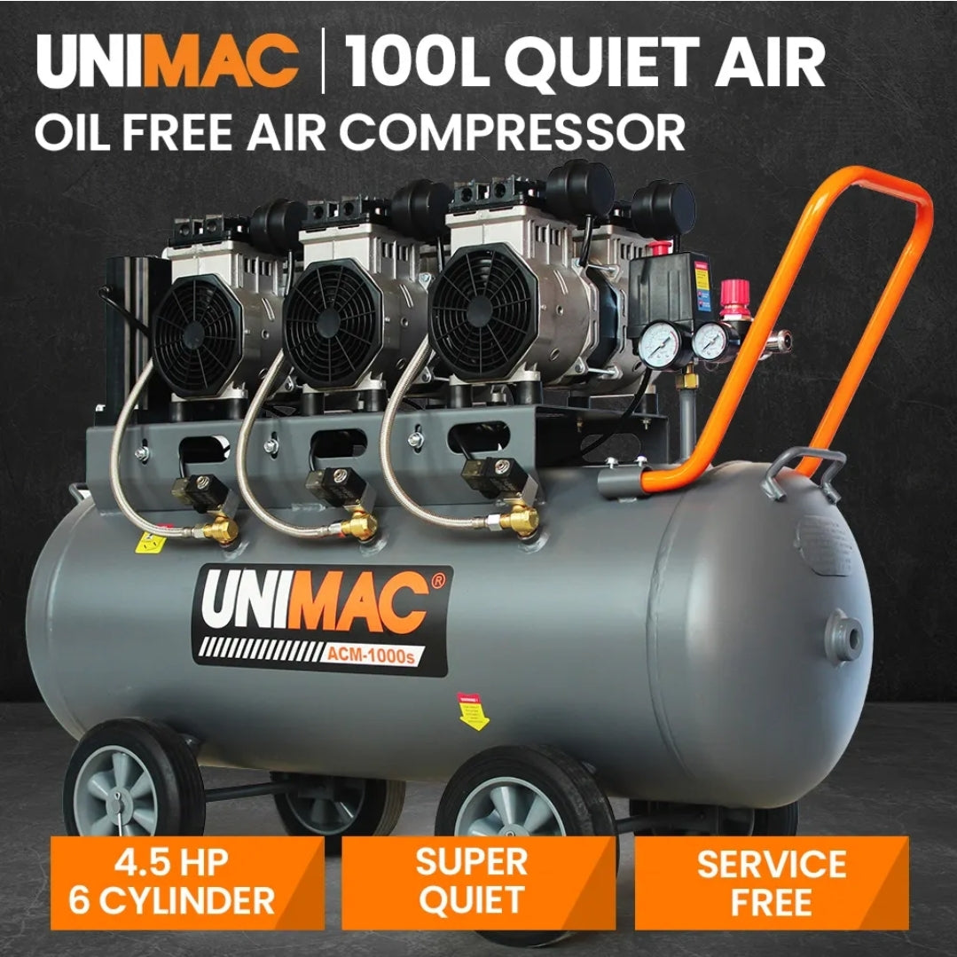 100L 4.5HP Silent Oil-Free Electric Air Compressor, Portable, Twin Nitto Outlets (15A Plug)
