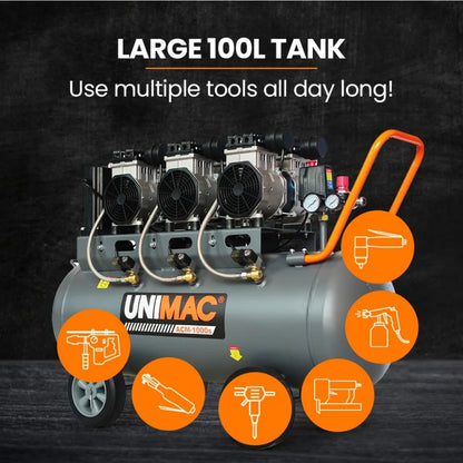 100L 4.5HP Silent Oil-Free Electric Air Compressor, Portable, Twin Nitto Outlets (15A Plug)