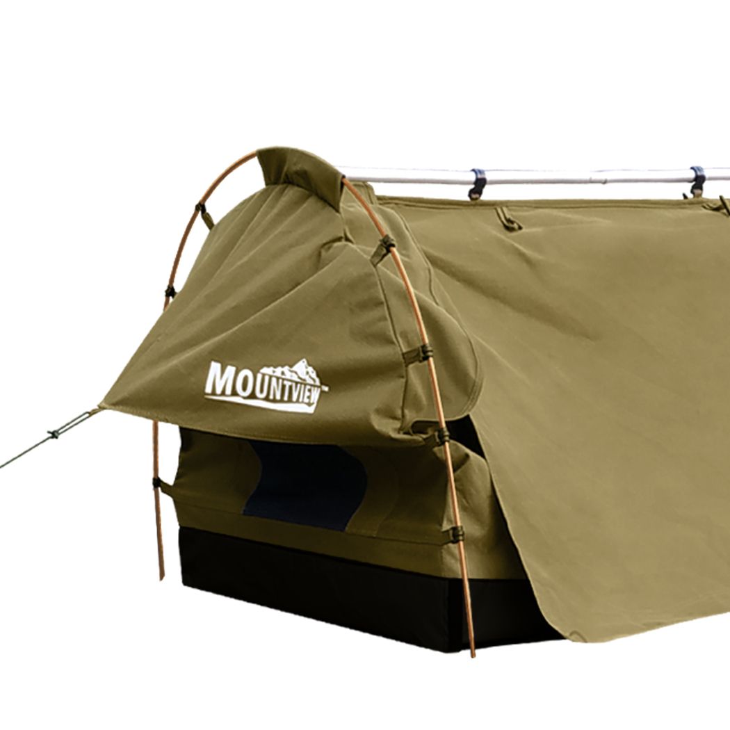 Double Swag Camping Swags Canvas Dome Tent Free Standing With Side Awning Khaki