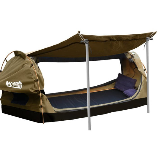Double Swag Camping Swags Canvas Dome Tent Free Standing With Side Awning Khaki