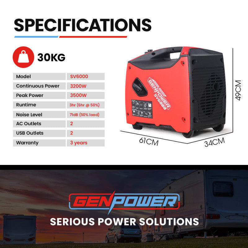 GenV6000 Inverter Generator 3500W Peak 3200W Rated Portable Petrol Camping 4wd