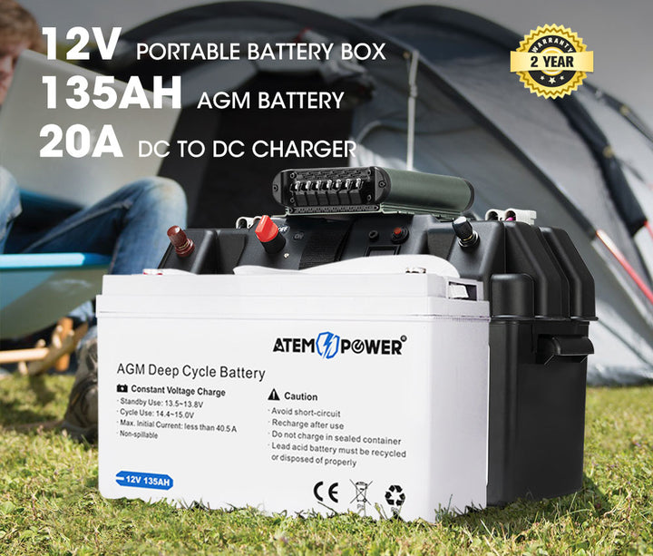 12V 135Ah AGM Deep Cycle Battery + 12V 20A DC to DC Battery Charger + Battery Box